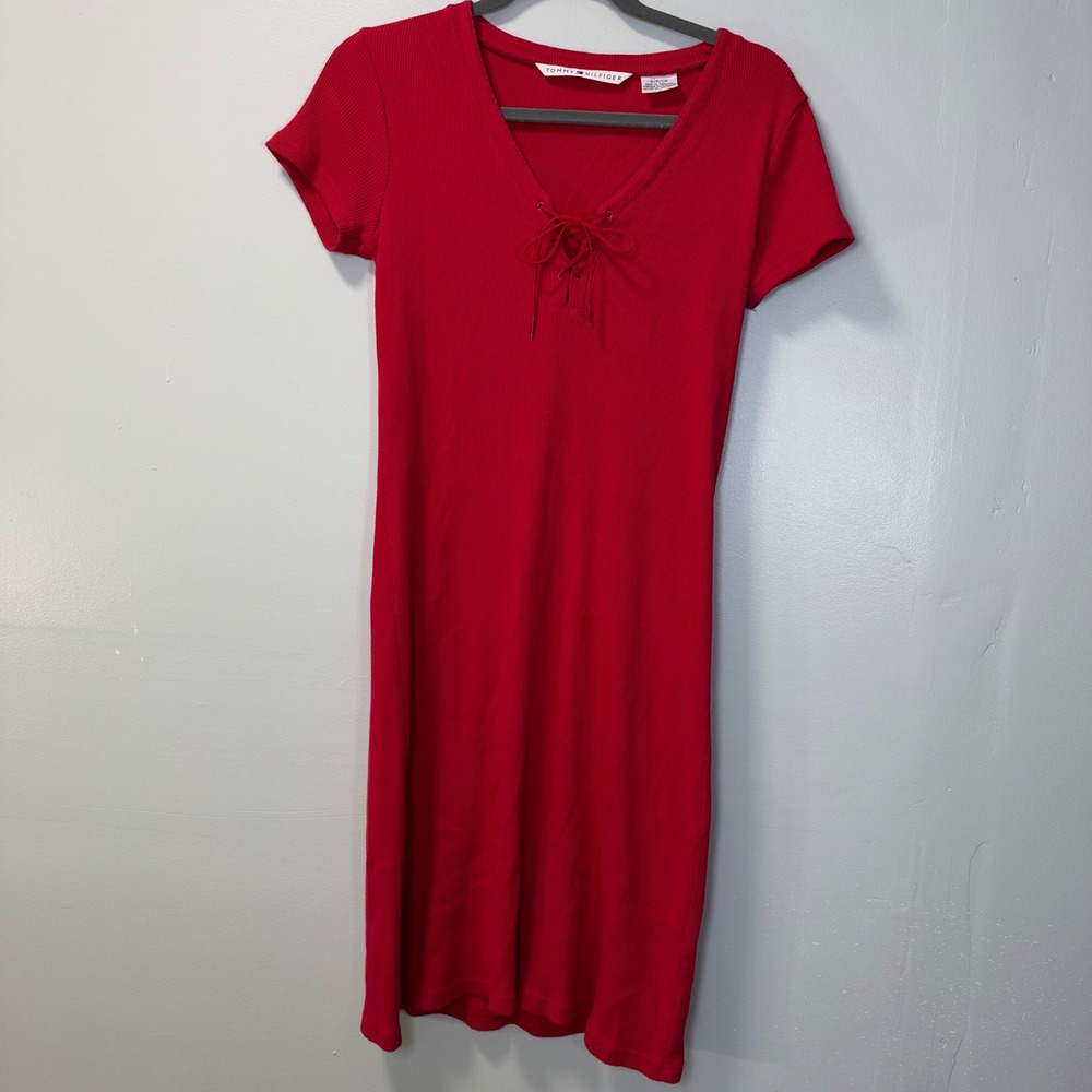 Vintage Tommy Hilfiger Red Ribbed Lace Up V-Neck Midi Dress Y2K Small 2002